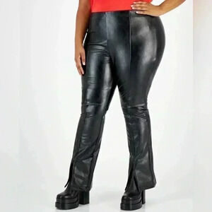 Tinseltown Plus Size Faux-Leather Slit-Cuff Flare-Leg Pants - BLACK